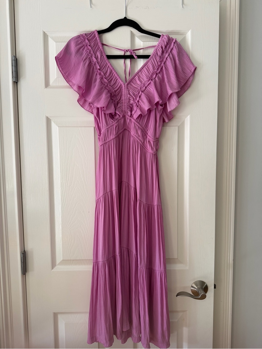 Joie Lavender-Pink Ruffle V-Neck Maxi Dress